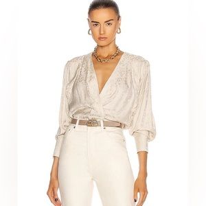 IRO Melle Wrap Effect Draped Satin Jacquard Plunge Blouse